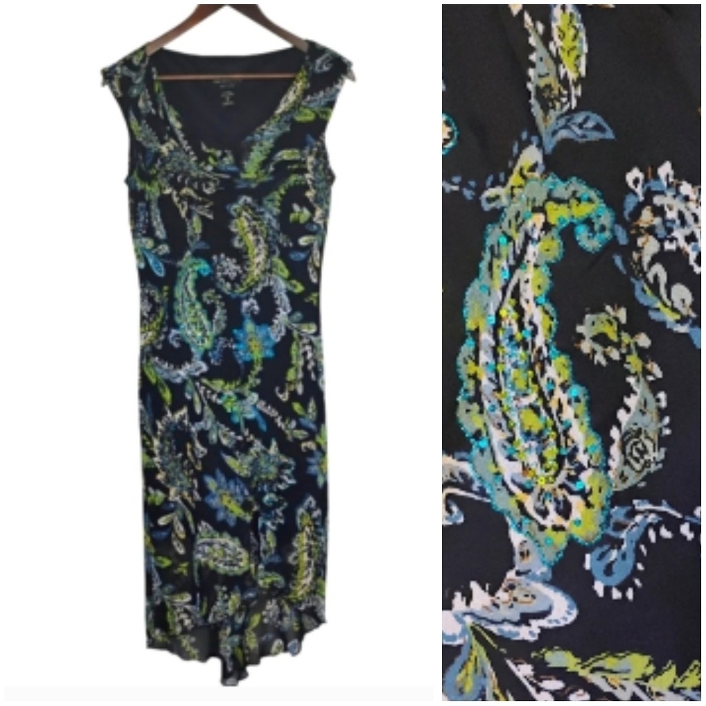 connected apparel Navy Paisley Midi Dress with Blue & Lime Print